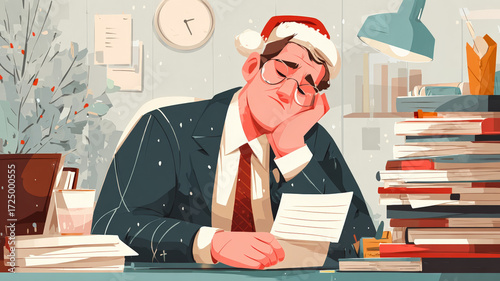 Stressed office worker Christmas hat exhausted desk paperwork holiday deadline pressure workplace burnout illustration
