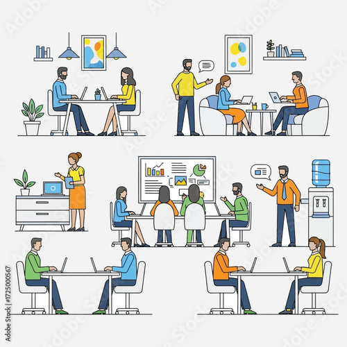 Diverse teams collaborating in modern office environments, showcasing dynamic work interactions, individual productivity, and effective business communication within a contemporary workspace setup