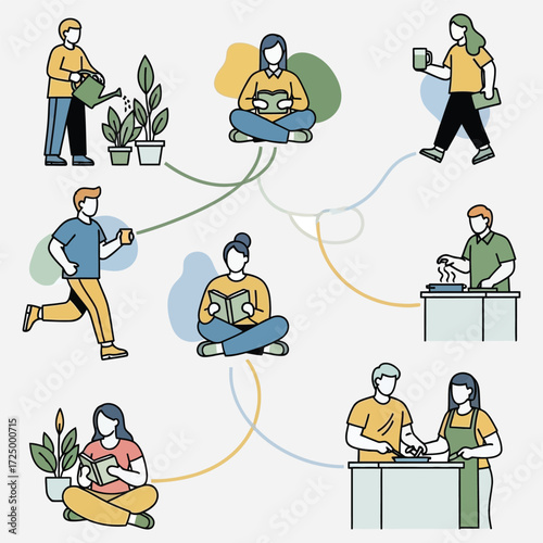 People Engaging in Daily Activities Reading, Cooking, Gardening, and Enjoying Beverages
