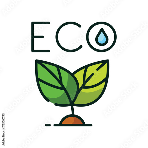 Stylized text ECO above a sprout with two green leaves