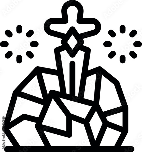 Line drawing of a magic sword piercing stones and emitting sparkles, fantasy concept