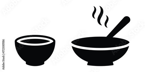 Bowl icon vector template illustration design. Minimal black silhouette of empty and full dining bowl for kitchen or restaurant designs.