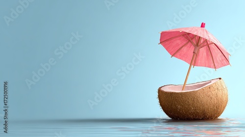 Wallpaper Mural Coconut with Pink Umbrella on Light Blue Water Background, Seaside Vacation Decor Element Torontodigital.ca