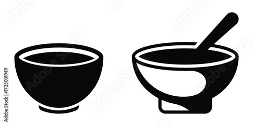 Black bowl icon set. Set of kitchen utensil, food icon vector design template. Bowl icon, bowl and spoon in black and white