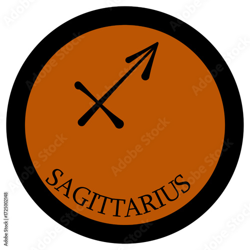 Circle with the zodiac sign Sagittarius. Sagittarius sign in a red circle with a black rough border. Under the circle the inscription Sagittarius.