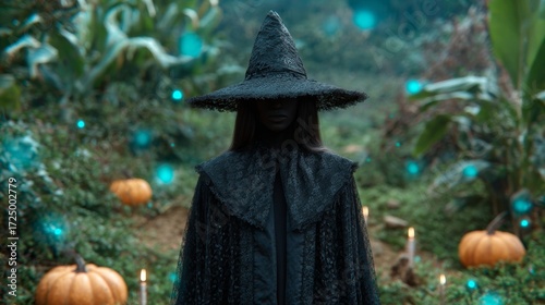 Dark-clad silhouette with wide-brimmed hat, ethereal glow amidst pumpkins, celebrating Samhain's eerie harvest, mystical autumn solstice
