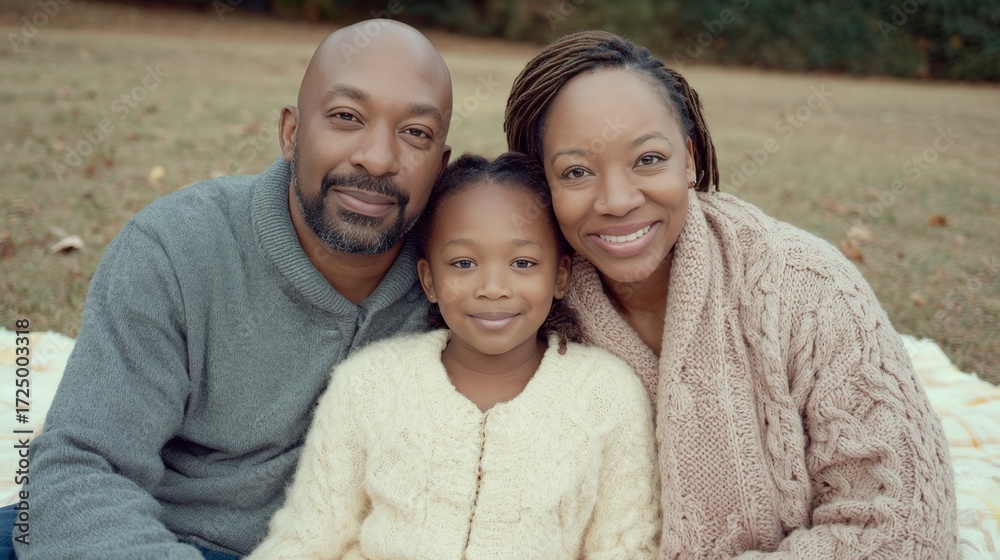 Fototapeta premium Afrocentrism in autumn glow, African American family basking in cozy warmth, embrace of Kwanzaas kinship and nostalgia, serene picnic