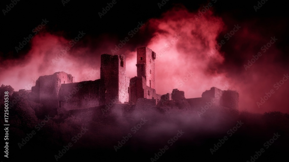 Fototapeta premium Ancient castle enshrouded in crimson mist evokes Samhain whispers, gothic allure, and the Dance of the Spirits