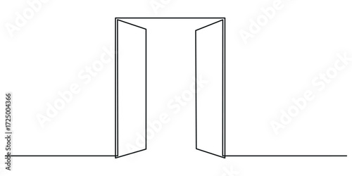 Opened door in one continuous line drawing. Front enter and exit to house in simple linear style. Hand drawn vector illustration