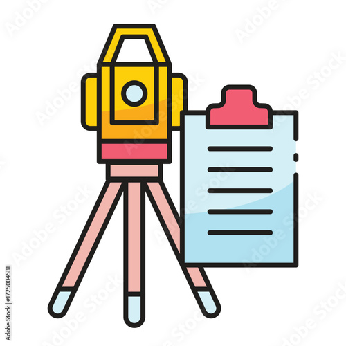 Surveying equipment on a tripod with a clipboard