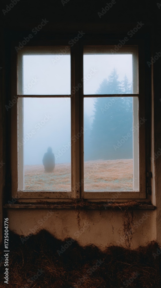 Fototapeta premium Foggy silhouette in misty meadow, European woman wandering, enigmatic serenity, aligns with Walpurgis Night or Samhain's whispers