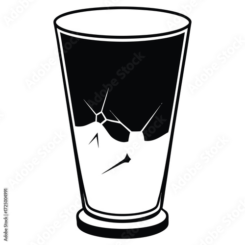Cracked drinking glass silhouette – black and white vector icon of broken fragility