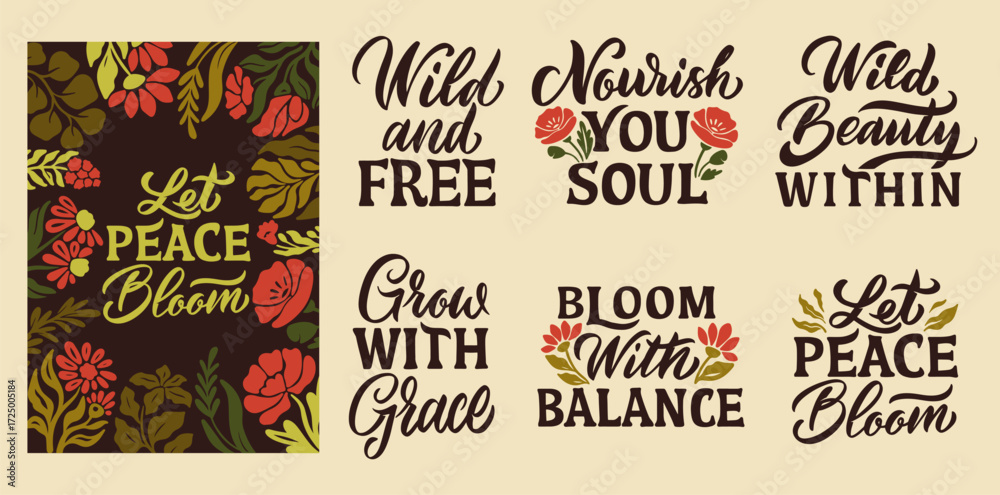 Fototapeta premium Hand-drawn Lettering Set. Wild Abstract Quotes with Botanical Frames and Seamless Patterns