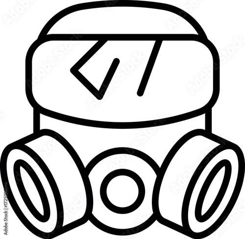 Line drawing of a gas mask filtering harmful substances, providing respiratory safety and protection against hazardous environments