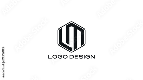 Bold LM monogram logo in black hexagonal frame with geometric typography, ideal for modern business branding, professional corporate identity, and creative brand logos.