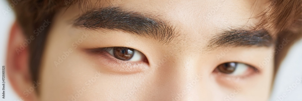 Naklejka premium Keen gaze of an Asian male, reflecting Lunar New Year anticipation, enigmatic thoughts, and introspective wanderlust whispers