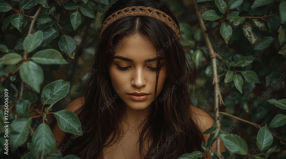 Naklejka premium Enchanting young woman in lush green forest setting