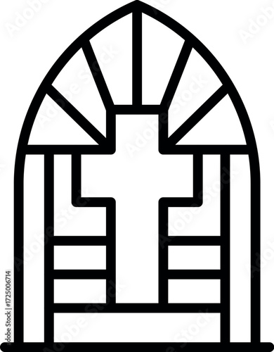 Simple line drawing of an arched church window depicting a cross, a symbol of christianity