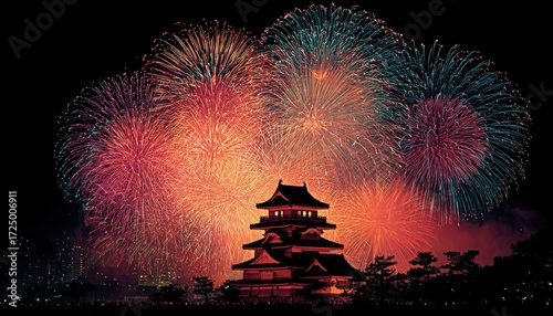 Fireworks display over a Japanese castle