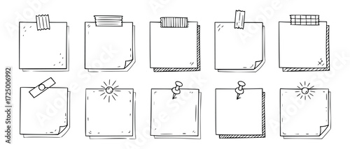 Vector art of collection of handdrawn sticky notes and paper squares with various fasteners like tape and pins