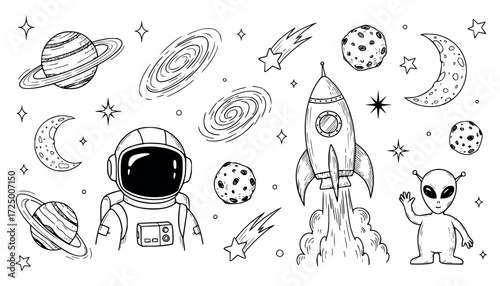 Vector art of handdrawn doodle collection of space elements including astronaut, alien, rocket, planets, galaxies, moon, stars, and comets