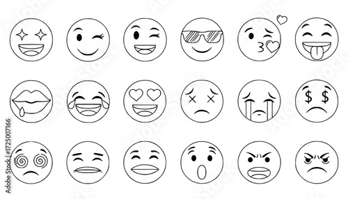 Vector art of collection of various emoji faces with different emotions and expressions