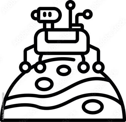 Rover exploring an extraterrestrial planet surface, line art icon representing space exploration and discovery