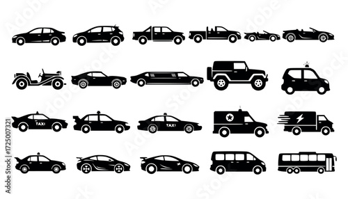 Vector art of collection of various car silhouettes isolated on a, including sedans, suvs, trucks, and vans