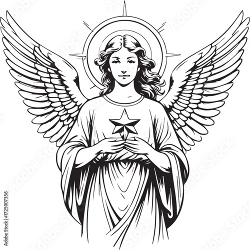 Celestial Guardian: A serene angel with majestic wings and a gentle gaze, holding a star, radiating an aura of peace and divine protection, illustrated in meticulous detail.