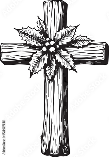 Wooden Cross with Holly: A meticulously crafted wooden cross, adorned with vibrant holly leaves, symbolizes faith, hope, and the enduring spirit of the holiday season.