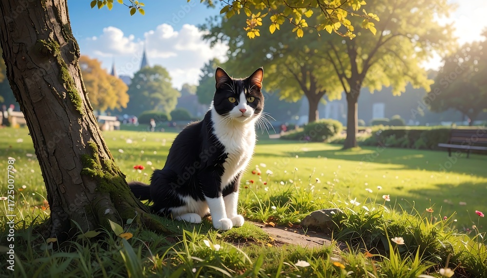 Fototapeta premium A black and white cat sits calmly beside a tree in a sunlit park, flowers and buildings in the background