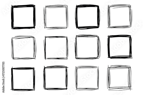 Vector art of collection of twelve handdrawn square frames with a rough, sketchy texture