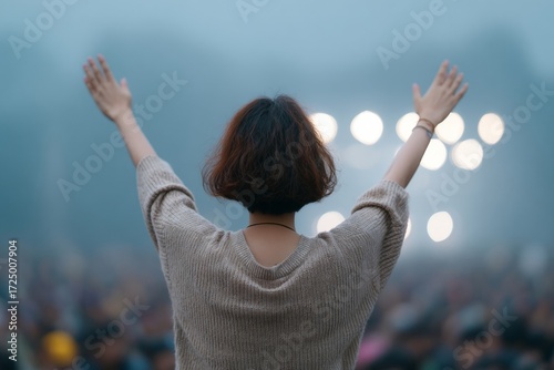 ``` Asian woman welcomes ethereal festival twilight, arms aloft in joyful embrace, evoking Hanami, reverie of luminescent dreams```
