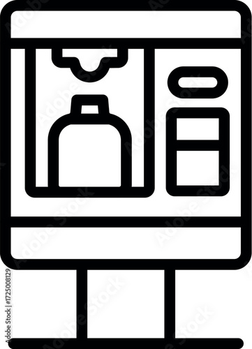 Simple black and white icon of a coffee vending machine preparing a beverage