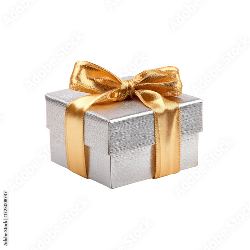 Elegant silver gift box adorned with a luxurious gold satin ribbon and bow, perfect for celebrating special occasions, expressing gratitude, or adding a touch of sophistication to any present.