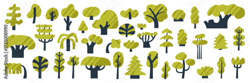 Detailed tree set kit with deciduous woodland species like beech and elm, plus spruce and eucalyptus crowns.
