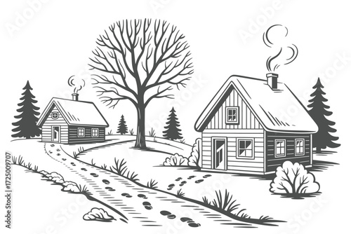 Winter Landscape with Snow-Covered House, Trees and Mountains, Peaceful Scenery in Cold Weather, Cozy Cabin in Snowy Forest, Seasonal Nature Vector Illustration