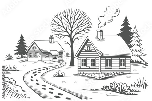 Winter Landscape with Snow-Covered House, Trees and Mountains, Peaceful Scenery in Cold Weather, Cozy Cabin in Snowy Forest, Seasonal Nature Vector Illustration