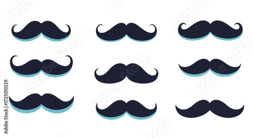 Collection of black mustaches arranged neatly on a white surface, creating a playful and humorous visual pattern.