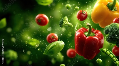 Vibrant green backdrop highlighting colorful bell peppers, broccoli florets, peas, and fresh basil leaves in composition dynamic hovering culinary