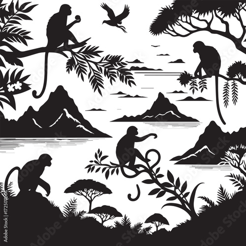 Photography black and white silhouette outline natural view and monkey art design set