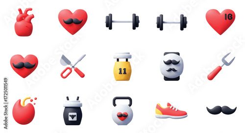 Collection of health and fitness themed 3D rendered objects arranged on a white surface, promoting a healthy lifestyle and wellbeing.