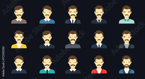 Diverse group of men with various hairstyles and mustaches standing against a dark backdrop showcasing different facial features and styles.