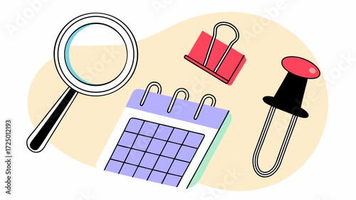 3d pin education supplies clip set paper objects office cartoon calendar stationery business magnifying emoji and illustration and push icon glass vector metallic 3d design concept 87734370 1