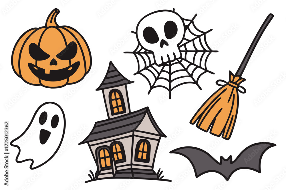 Fototapeta premium The vector illustration set features cartoon Halloween icons like a spooky pumpkin, bat, ghost, witch's hat, black cat, and skull