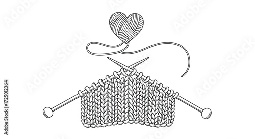 Knitting Illustration with Heart-Shaped Yarn and Knitting Needles: A Symbol of Love, Craft, and Hobby for Creative and Handmade Projects