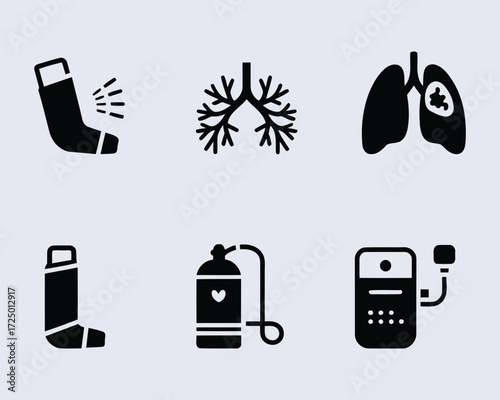 Assorted Respiratory Icons Depicting Lung Health, Asthma Treatment, Oxygen Therapy, and Medical Devices for Pulmonary Care and Support