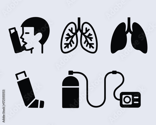 Medical Pictograms Depicting Asthma Inhaler Usage and Lung Health Plus Oxygen Tank Device in Black and White Graphics Isolated