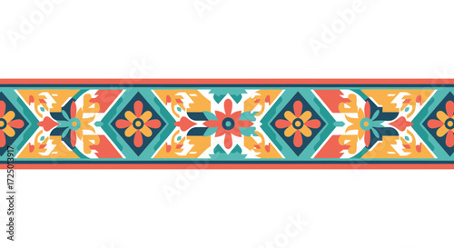 A vibrant, seamless decorative border featuring a repeating geometric and floral pattern in teal, orange, and yellow on a white background.