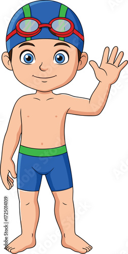 Cartoon child in swim trunks and cap waving happily, ready for water activity, swimming safety theme, vector illustration for kids, poolside content